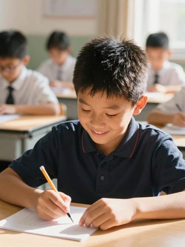 An elementary student smiling while working on a science project in a sunlit classroom, warm natural daylight, candid moment