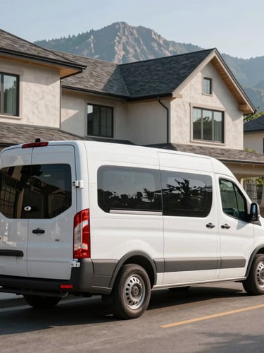 Pristine, organized service van parked in front of a modern Castle Pines custom home. Crisp morning mountain light, high-contrast natural daylight, sharp medium shot emphasizing engineering precision.
