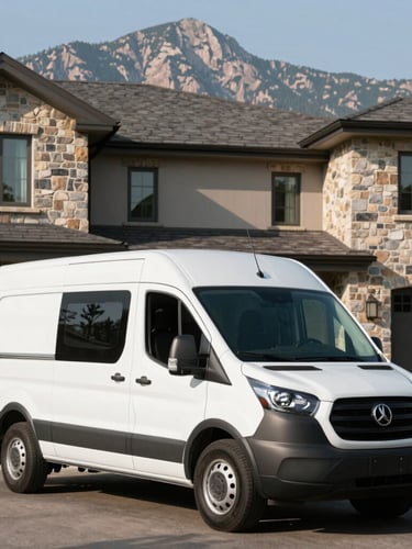 Pristine, organized white service van parked in front of a modern custom stone estate in Castle Pines, bright morning mountain light, sharp focus.