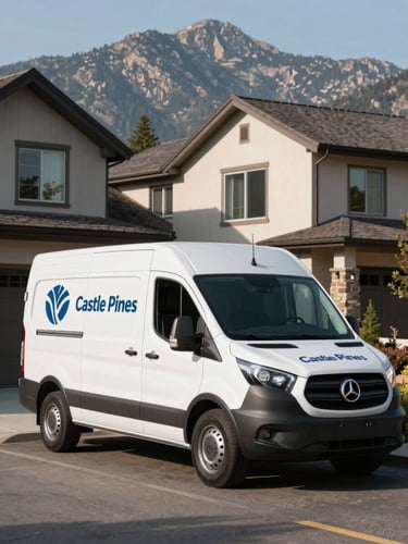 A clean, branded service van parked in front of a modern Castle Pines estate during bright morning mountain light, emphasizing professional local presence.