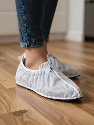 Close-up of clean branded shoe covers stepping onto a pristine hardwood floor inside a modern Castle Pines home, soft natural light.