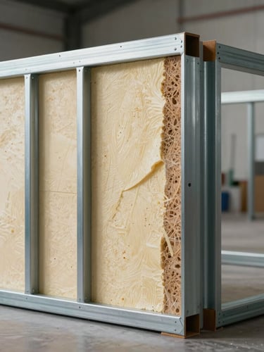 Detailed cross-section of a steel framing wall with high-density polyurethane isopanel core, clean technical-industrial presentation, studio lighting
