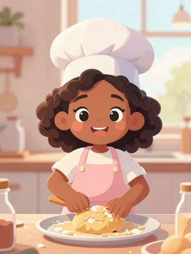 A friendly cartoon illustration of a young Black tween girl baker with medium-length brownish-black curly hair, wearing a soft pastel apron, happily mixing cookie dough in a warm, cozy kitchen.