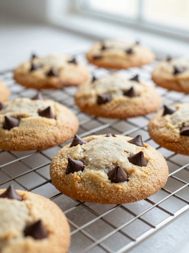 Close-up macro shot of freshly baked chocolate chip cookies on a wire cooling rack, melting chocolate chips, warm morning window light, shallow depth of field.