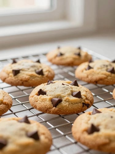 Close-up of freshly baked golden-brown chocolate chip cookies on a wire cooling rack in a warm kitchen with soft morning light.