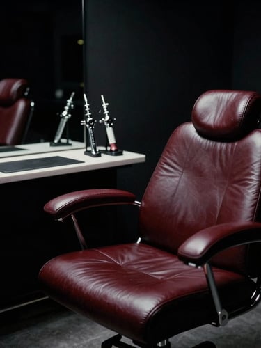 Atmospheric wide shot of a sleek dark tattoo studio interior, low-key directional lighting highlighting chrome instruments, deep burgundy leather chair, high contrast shadows, moody editorial photography.