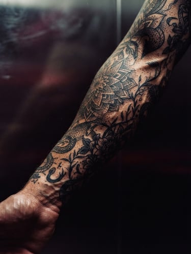 Moody editorial close-up of a textured arm with intricate black ink tattoos, high-contrast directional lighting casting deep shadows, metallic chrome background with deep burgundy reflections, 35mm film style.