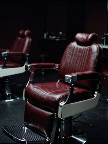 Moody cinematic photo of a sleek dark-chrome salon interior, sharp directional spotlighting, deep burgundy leather barber chair, 35mm film