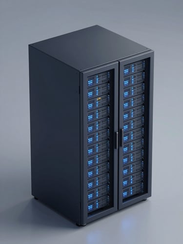 Sleek 3D render of a secure data server vault with glowing blue status lights, cool diffused studio light, isometric perspective, minimalist architectural lines