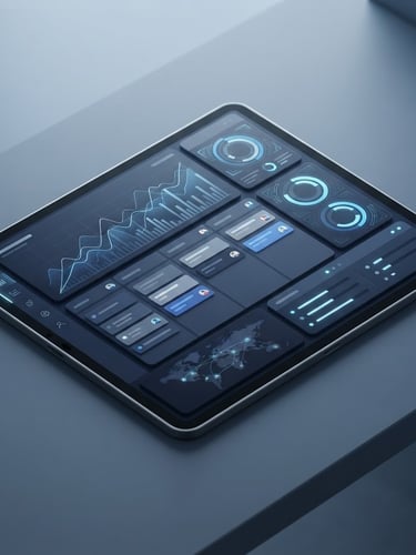Sleek 3D render of a modern modular software dashboard interface on a tablet, isometric perspective, cool diffused studio light, deep navy and slate gray tones, clean geometry