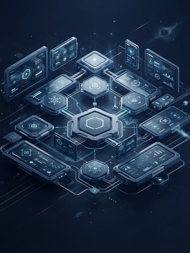 Sleek 3D render of a modular software interface floating in a clean dark blue space, cool diffused studio light, isometric perspective, sharp slate-gray borders