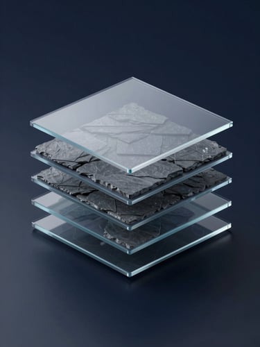 Sleek 3D render of interlocking slate-gray glass panels representing unified software layers, isometric perspective, cool diffused studio light, deep navy background