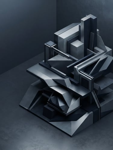 Sleek 3D render of an abstract architectural structure with clean geometric lines, high-angle isometric perspective, cool diffused studio lighting with deep navy and slate gray tones, negative space on the left