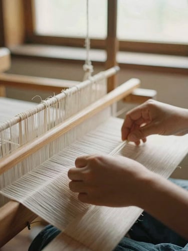 An artisan's hands gently guiding threads on a traditional wooden loom, warm diffused window light, shallow depth of field, tactile details of raw fibers