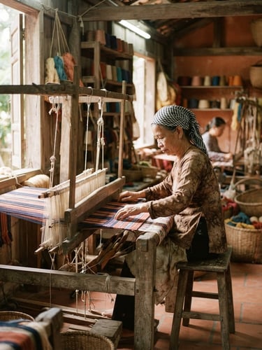 Sun-drenched rustic weaving workshop in Hoi An, wooden looms, soft morning light filtering through windows, warm terracotta tones, 35mm film feel