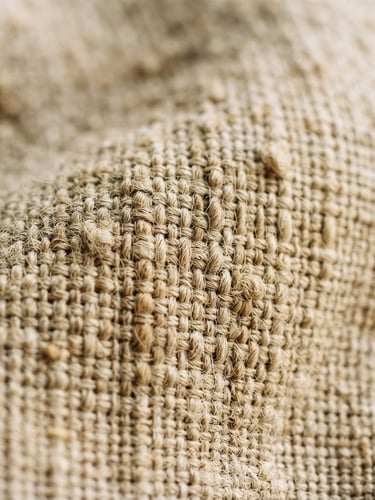 Close-up of raw unbleached linen fabric texture under soft morning window light, high tactile detail, warm earthy tones, shallow depth of field