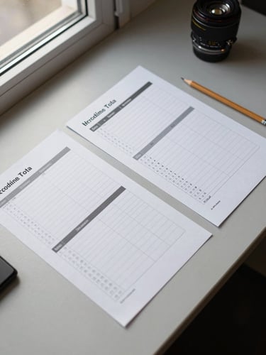 Overhead flat-lay of neatly arranged printed templates and checklists on a light gray desk surface, a single pencil resting beside them, soft natural window light from the upper left, calm and organized