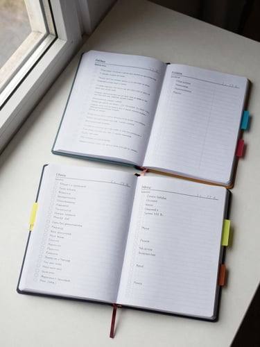 Overhead flat-lay of an organized desk: open planner, printed checklist, and a few color-coded tabs on a light surface, natural window light from the left, clean and legible with no clutter