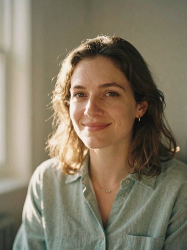 A warm, natural portrait of a female systemic coach in a softly lit room with warm golden sunlight filtering through a window, shallow depth of field, 35mm film, muted sage green and sandy tones, looking slightly off-camera with a welcoming, empathetic smile.