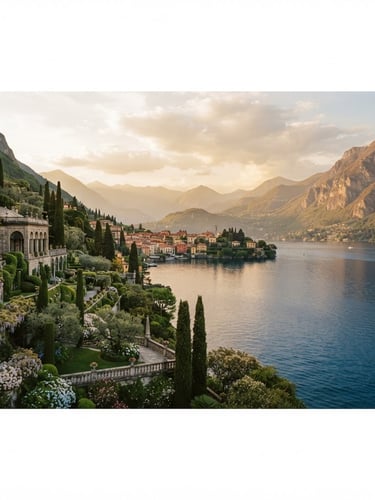 Wide panoramic editorial photograph of Lake Como at golden hour, calm deep blue water, historic villa gardens on the left, soft warm diffused light, 35mm film.