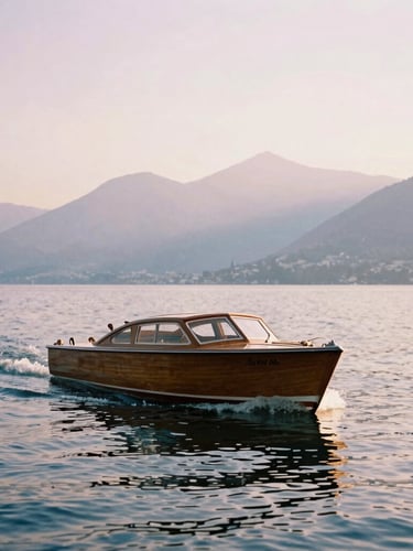 A classic wooden Riva boat cutting through the calm blue waters of Lake Como, soft spray, mountains in the distance, golden hour, 35mm film.