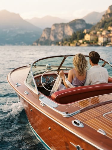 A romantic close-up of a vintage wooden Riva boat gliding on deep blue water, soft golden hour light, blurred mountains in the background