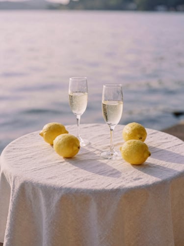 A lakeside table set with white linen, fresh lemons, and two glasses of sparkling wine, warm afternoon sun