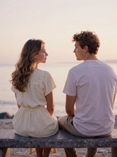 Elena and Marcus sitting on a stone bench by the water, warm golden hour, soft focus, editorial 35mm film style, muted ivory and lilac tones