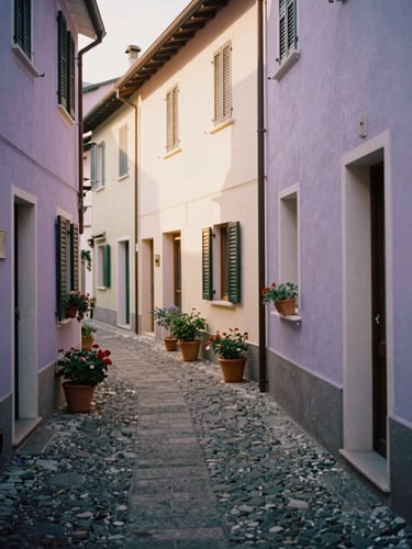 A narrow stone alleyway in Varenna lined with pastel-colored houses and potted flowers, soft shadows
