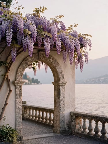 An elegant stone archway overlooking Lake Como, soft morning light, blooming purple wisteria cascading down the wall