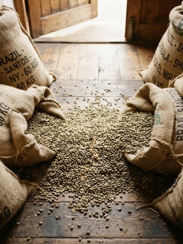 Overhead shot of raw green coffee beans in rustic jute sacks, warm natural light filtering through a wooden warehouse door, shallow depth of field
