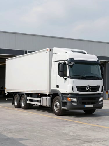 Realistic commercial transportation photography, clean modern curtain-side truck (solówka plandeka) with a tail-lift parked at a modern concrete loading dock, bright overcast daylight