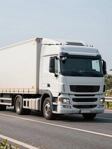 Realistic commercial transportation photography, bright natural daylight, clean modern semi-truck (ciągnik siodłowy) with a curtain-side trailer on a highway, professional editorial style