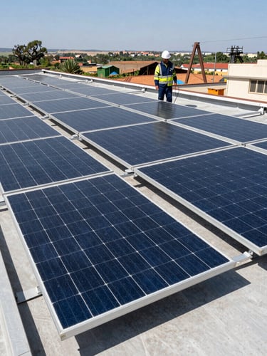 Technician in high-vis gear overseeing a large commercial solar array installation on a rooftop in Limpopo, crisp daylight, wide-angle technical framing.