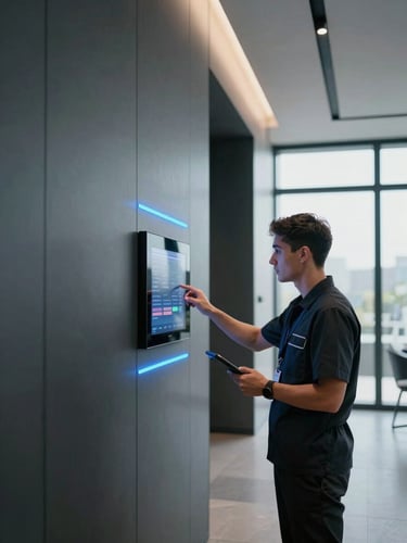 Wide architectural shot of a modern Istanbul interior in cool daylight, a professional technician in a clean dark uniform inspecting a high-end wall-mounted touch panel, subtle blue LED glows.