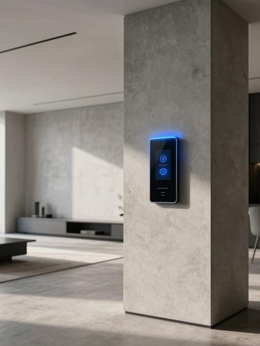 Wide architectural shot of a minimalist luxury living room in Istanbul, a sleek wall-mounted touch panel integrated into a concrete pillar, cool blue LED indicator glows, clean geometric lines, crisp daylight.