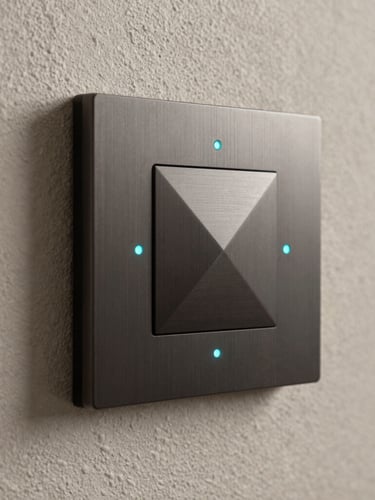 Close-up shot of an elegant, flush-mounted dark metal smart home controller on a textured plaster wall, showing clean geometric interface with subtle cyan LED indicators.