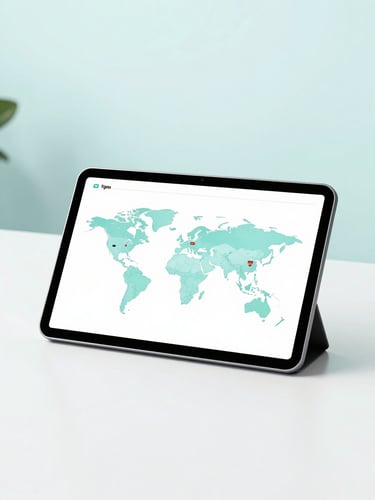 Bright high-key photo of a modern corporate logistics desk, clean minimalist background with soft cyan-tinted light, a sleek tablet showing global shipping routes, sharp focus.