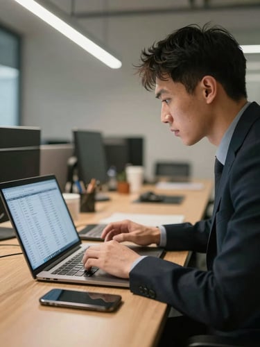 Medium shot of a desk-based operations manager reviewing a lead list on a laptop screen, phone beside keyboard, overhead office lighting, calm work environment, no clutter
