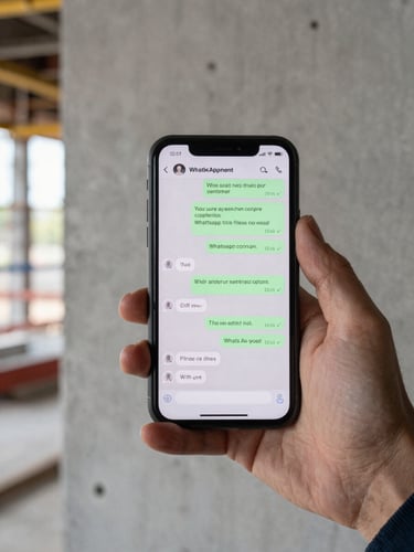Close-up of a hand holding a smartphone at a construction site, WhatsApp message thread visible on screen confirming an appointment, natural daylight from the side, concrete wall in background