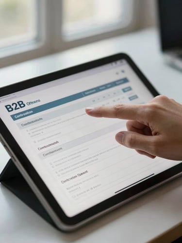 Close-up of a tablet screen showing a B2B offer document with line items, a contractor's hand pointing at a figure on screen, natural window light, simple office desk surface visible