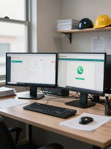 Wide shot of a small business operations room, a desk with two monitors showing a CRM dashboard and WhatsApp web, natural daylight from side windows, papers and a hard hat on a shelf in background, no people visible