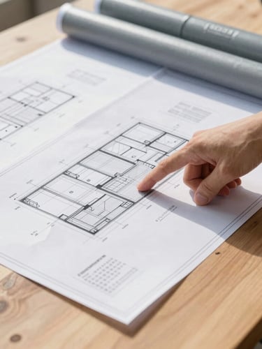 Technical blueprints spread on a clean wooden table, with a hand pointing to a specific section, sharp natural daylight, industrial grey and steel tones, 35mm, architectural photography