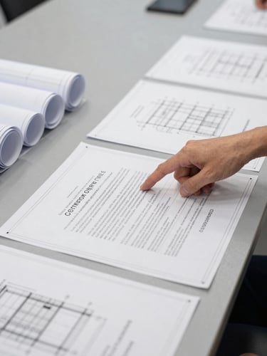 Technical blueprints and legal documents laid out on a conference table, a hand pointing to a specific clause, sharp natural daylight, structured composition, 35mm.
