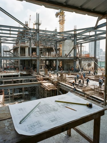 Wide shot of a modern construction site, clean lines, steel beams and concrete, sharp natural daylight, architectural photography, industrial grey and steel tones, 35mm, with a blueprint visible on a table in the foreground.