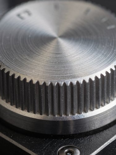 Macro close-up of a brushed aluminum rotary dial, harsh directional key light, showing raw metal texture and millimeter tolerances.