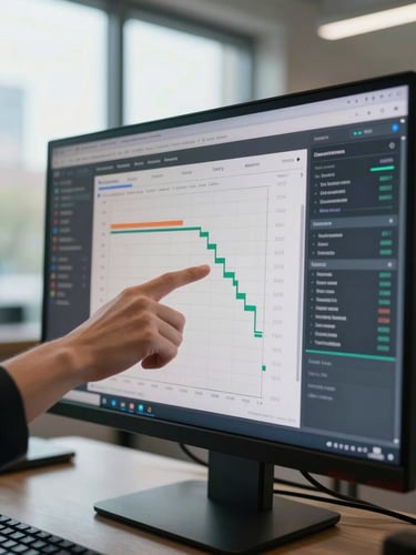 Close-up of a large monitor in a real estate office showing a dashboard with deal pipeline charts and property performance metrics, natural daylight from a wide window to the left, a hand pointing at a conversion rate figure on screen