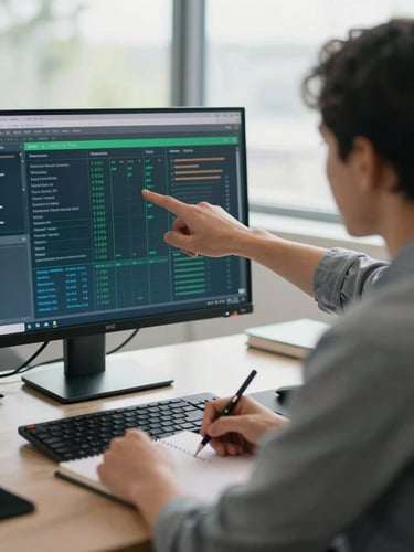 Tight crop of two professionals in a daylight-lit advisory office, one hand pointing at a monitor showing a green and blue KPI dashboard, the other person taking notes, natural north-facing window light, no eye contact with camera, working moment captured candidly