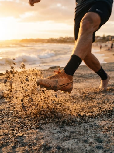 Dynamic close-up of a soccer boot kicking sand on a beachfront concrete pitch, motion blur, harsh golden hour sun, low angle, ocean in background.