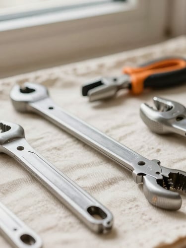 Tight macro shot of clean, professional handyman tools neatly organized on a canvas drop cloth, soft natural light, 35mm